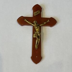Vintage Butterscotch Bakelite Cross Crucifix Wall Hanging Religious 1930s Christ